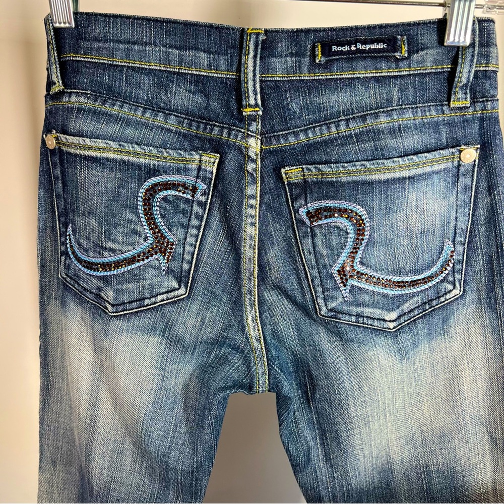 Rock & Republic Swarovski Crystal Rhinestone Embroidered Flare Jeans SZ 24